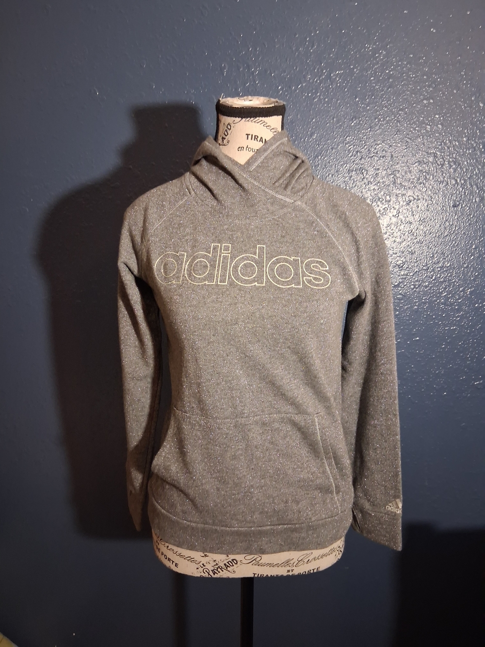 adidas Heather Gray Glitter Pullover Hoodie with Outline Logo Girls L
